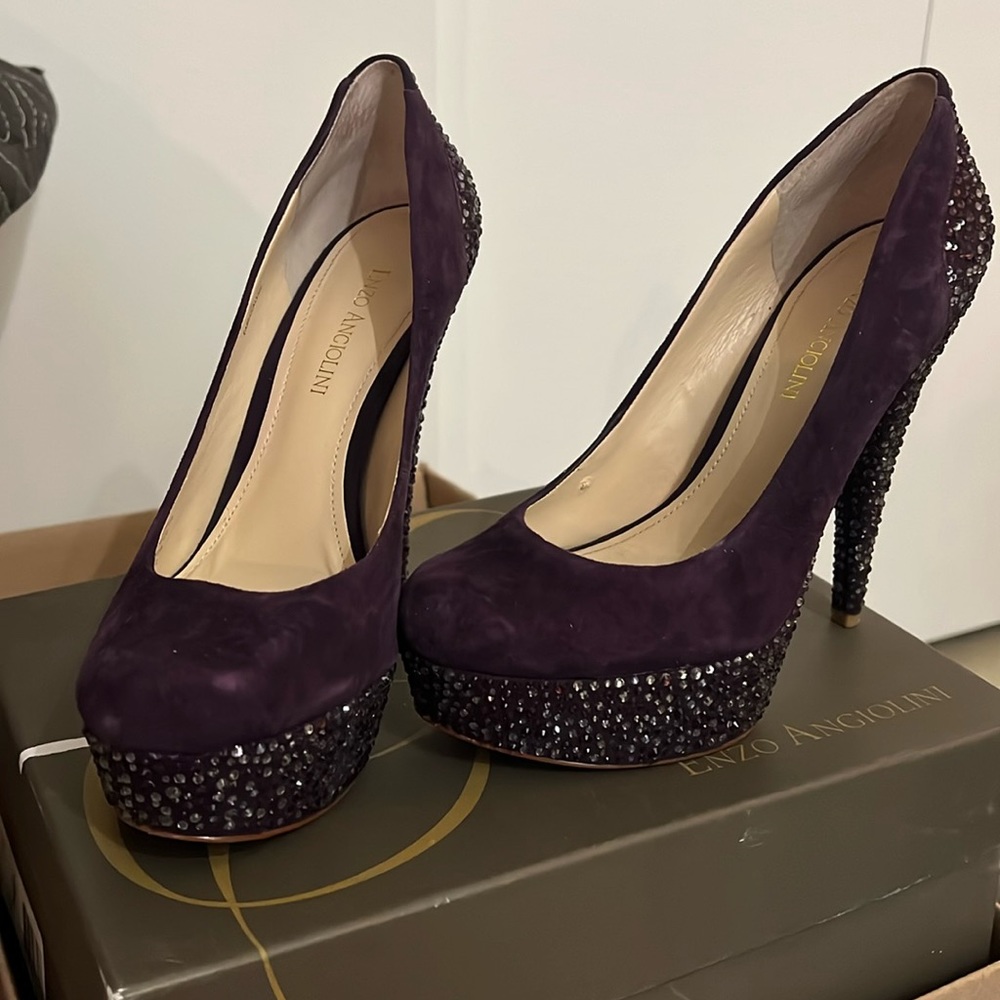 Enzo Angiolini Dark Purple Suede Rhinestone Heels